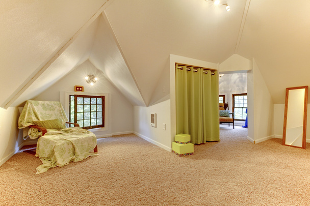 Прекрасна світла мансардна вітальня зі склепінчастою стелею, килимом, ар
 - Фото, зображення