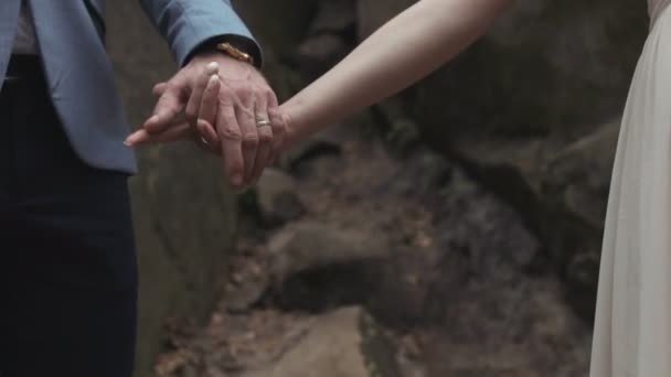 casal recém-casado caminhar juntos de mãos dadas
 - Filmagem, Vídeo