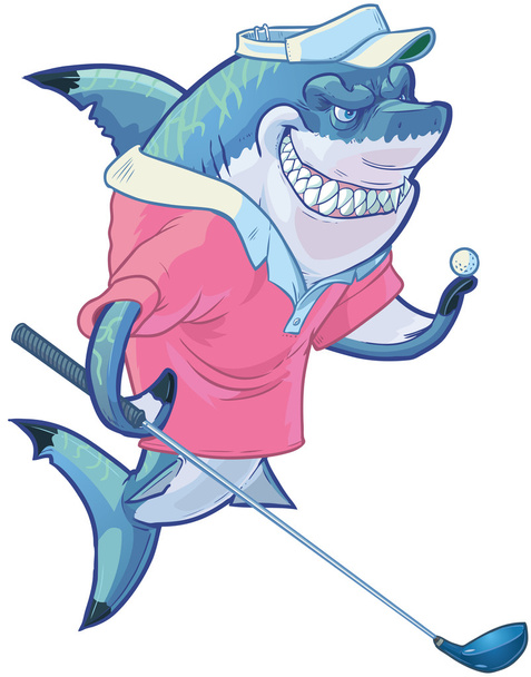 Mean cartoon Golf Shark met chauffeur en bal - Vector, afbeelding
