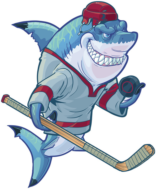 Střední žralok z kresleného hokeje s holí a Puck - Vektor, obrázek