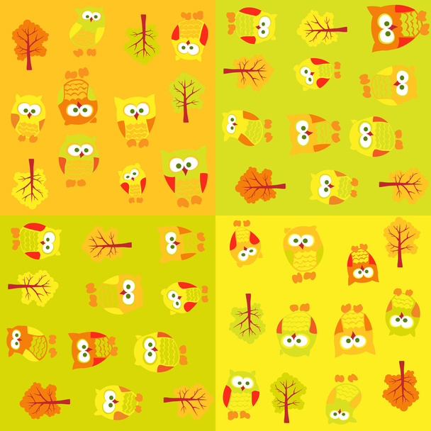 Seamless pattern with owls and trees in squares - ベクター画像