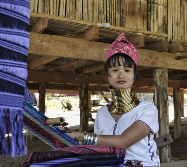 Thailand, Chiang Mai, Karen Long Neck hill tribe village (Kayan Lahwi), Long Neck woman in traditional costumes. Women put brass rings on their neck when they are 5 or 6 years old - Photo, Image