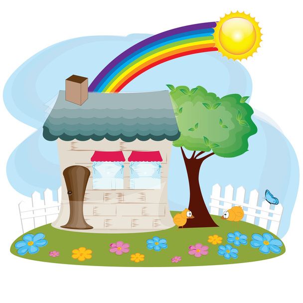 Small family house sun and three and flowers - Vector, imagen