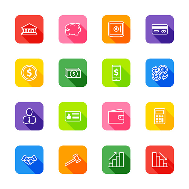 white line business commercial and finance icon set on colorful rounded rectangle with shadow - Vector, afbeelding