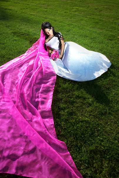 Beauty bride with a long purple veil - Foto, Imagem