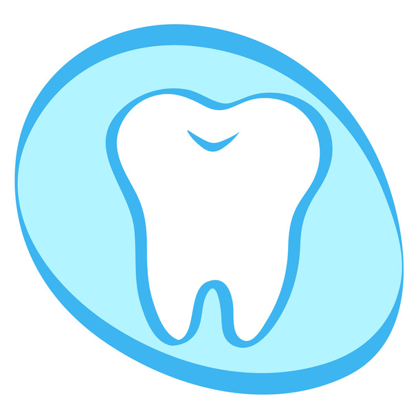 eenvoudige cartoon tand wit silhouet op een blauwe achtergrond, tanden, vector illustratie pictogram, logo eerste tand. Medische tandheelkundige kantoor symbolen. Zorg voor de mondholte, tandheelkundige gezondheid, zorg, ziekenhuis - Vector, afbeelding