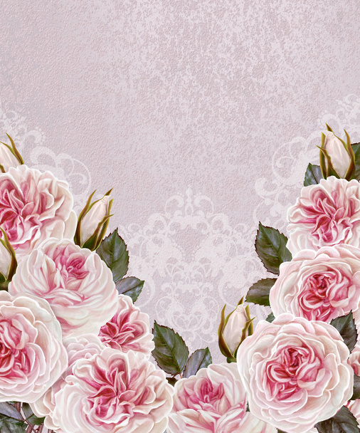 Floral background. Invitation card. A bouquet of flowers, pink roses, pastel colors. - Foto, Imagem