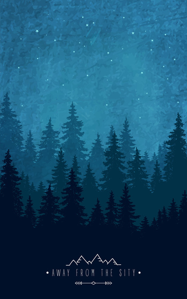 夜空での森林のシルエット。森の風景 - ベクター画像