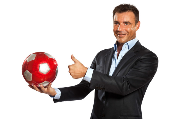 One business man holding showing a soccer ball - Zdjęcie, obraz