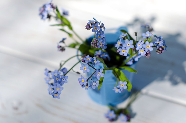 Forget-me-not bouquet in a blue vase on a light table in the gar - Valokuva, kuva