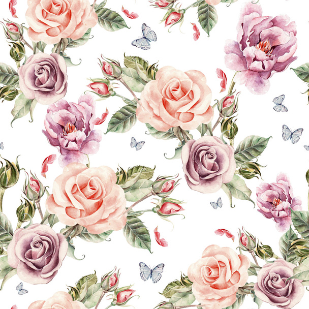 Pattern with watercolor realistic rose, peony and butterflies. - Foto, afbeelding
