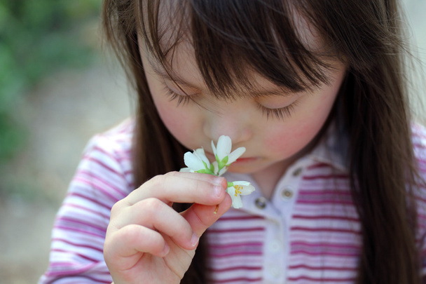 πορτρέτο του όμορφη νεαρή κοπέλα με λουλούδια στο πάρκο - Φωτογραφία, εικόνα