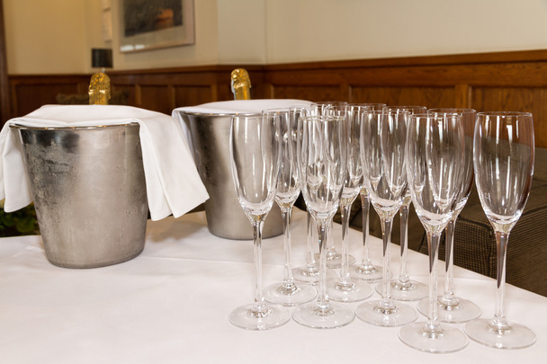 Glasses and champagne prepared for toast. Wedding marriage. - Photo, Image