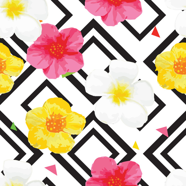 Bright Flowers Seamless Pattern with Geometric Ornament. Black Stripes. Vector Illustration - Διάνυσμα, εικόνα