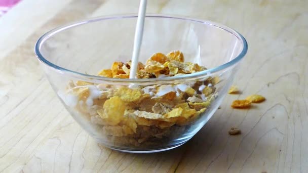  Cereals in glass bowl with milk slow motion - Footage, Video