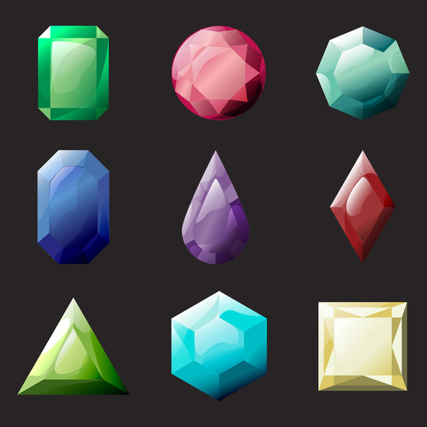 Készlet-ból különböző színű és formájú kristályok, a drágakövek, a drágakövek, a gyémánt vektor grafikus eszközök gyűjtemény játék design. - Vektor, kép