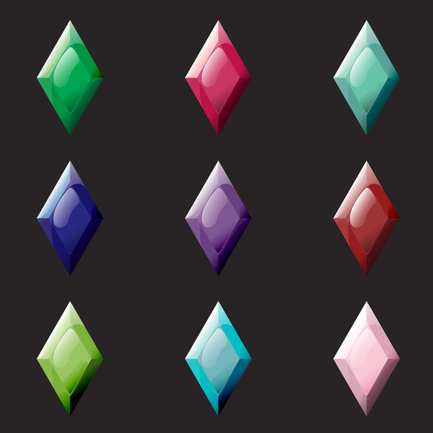 Set of rhombus different color crystals,gemstones,gems,diamonds vector gui assets collection for game design. Isolated vector elements. Gui elements, vector games assets. Menu for mobile games - Vektör, Görsel