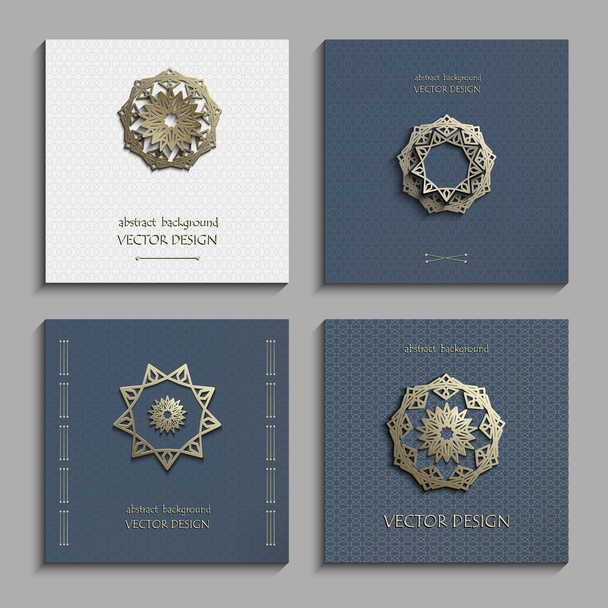 Set-of-business-cards-with-gold-3d-emblems - Vetor, Imagem
