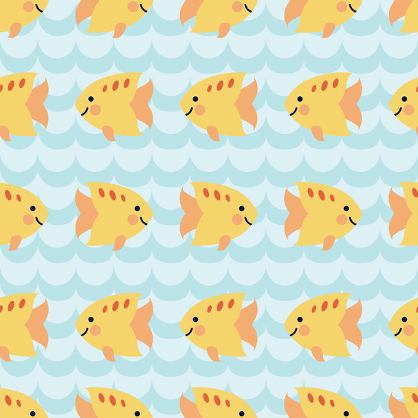 Seamless pattern with flock of cute cartoon smiling fishes. - Vetor, Imagem