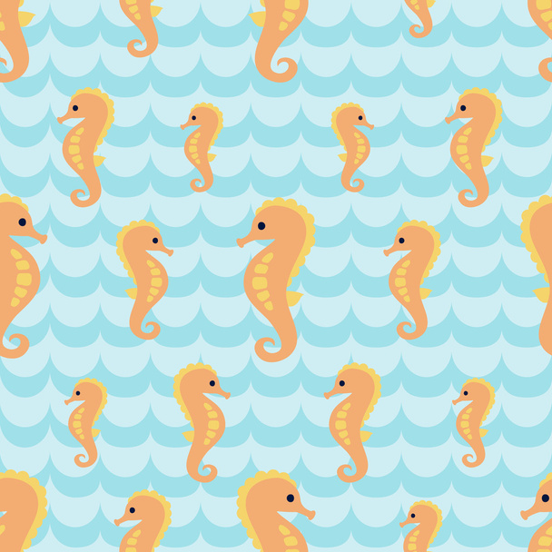 Seamless pattern with flock of cartoon seahorses on wave background. - Διάνυσμα, εικόνα