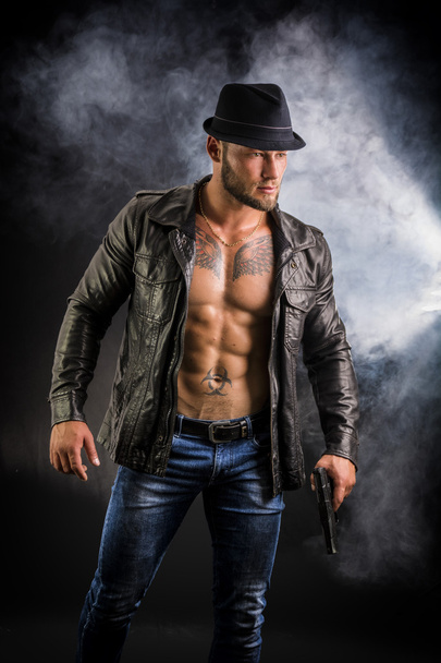 Man wearing leather jacket on naked muscular torso - Fotografie, Obrázek