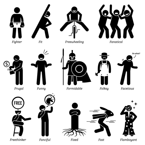 Neutral Personalities Character Traits. Stick Figures Man Icons. Starting with the Alphabet F. - Vector, Image