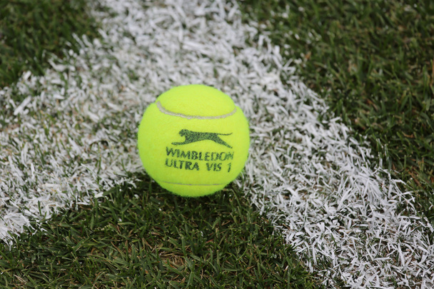 Slazenger Wimbledon Tennis Ball on grass tennis court - Fotoğraf, Görsel