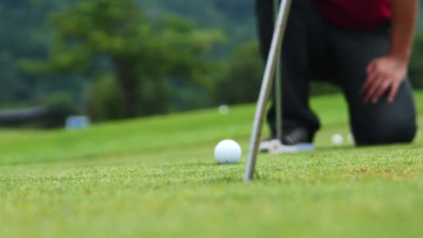 Golf player strikes ball on golf course - Filmati, video