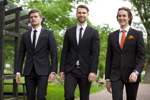 Три молодых человека в элегантных деловых костюмах
 - Фото, изображение