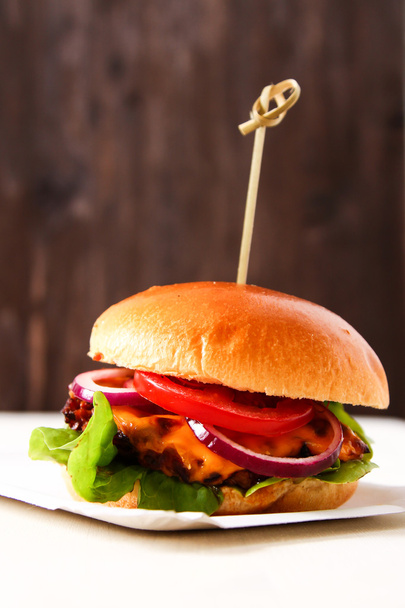 Νόστιμο φρέσκο σπιτικό burger με πικάντικη σάλτσα ντομάτας και το βόειο κρέας - Φωτογραφία, εικόνα