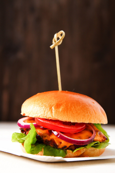 Deliciosa hamburguesa casera fresca con salsa de tomate picante y carne de res
 - Foto, imagen