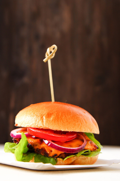Delicious fresh homemade burger with spicy tomato sauce and beef - Foto, Imagen
