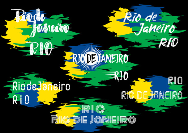 Diseño de elementos tipográficos para etiqueta brasileña, insignia, póster, pancarta, tarjeta con dos variantes de nombre Río y de Janeiro en estilo diferente aislado sobre fondo negro en manchas de color de la bandera de Brasil
 - Vector, Imagen