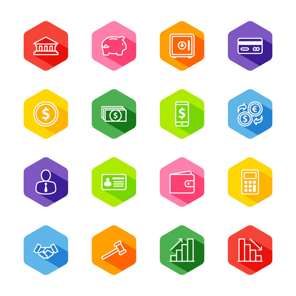 white line business commercial and finance icon set on colorful hexagon with shadow - Vector, Image
