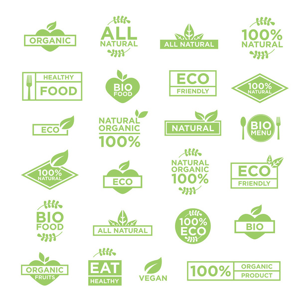 24 eco organic bio logos set of badges, emblems and stamps vector. Vegan, organic, healthy food. - Vektori, kuva