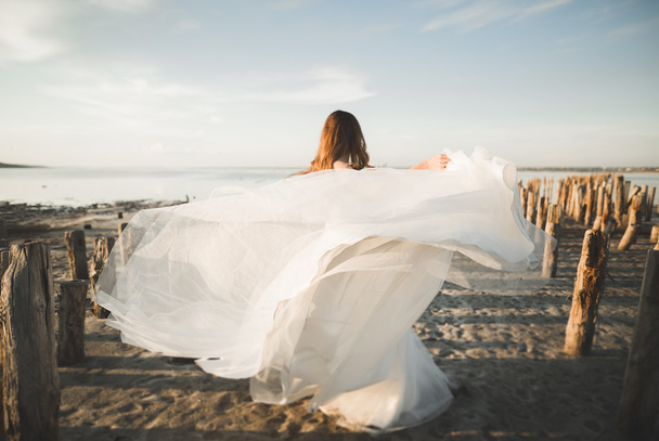 Romantická krásná nevěsta v bílých šatech pózuje na pozadí moře a dřevěné tyče - Fotografie, Obrázek