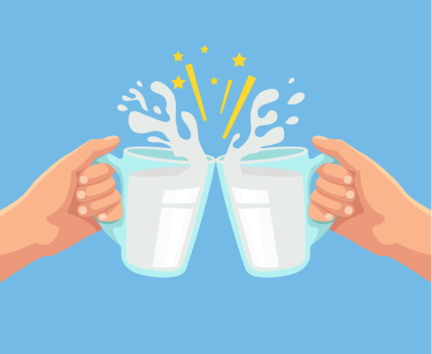Toast with milk. Two hands. Toast with two hand with milk. Mug of milk. Vector flat cartoon illustration - Vector, Imagen