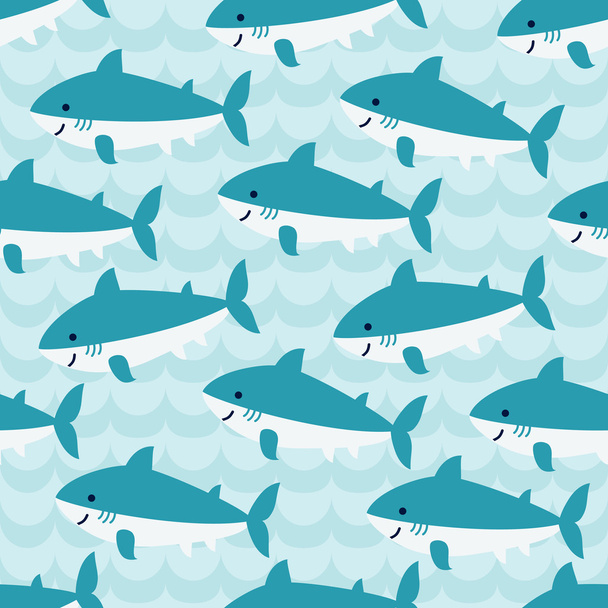 Seamless pattern with flock of cute cartoon sharks - Vector, afbeelding