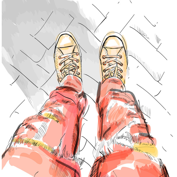 Gambe con jeans rossi in scarpe da ginnastica. Illustrazione vettoriale. EPS
 - Vettoriali, immagini