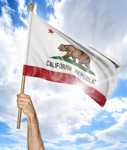Osoby za rękę trzyma flagę stanu California i macha to w niebo, renderowania 3d części - Zdjęcie, obraz