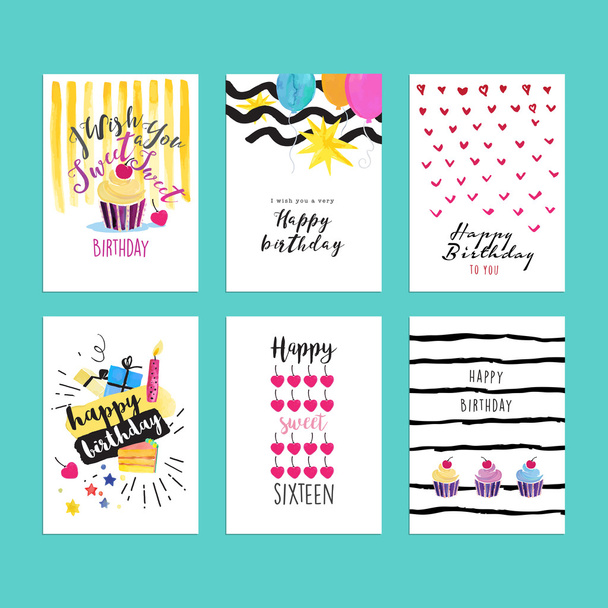 Set of hand drawn watercolor illustrations for birthday greeting cards - Vector, Image