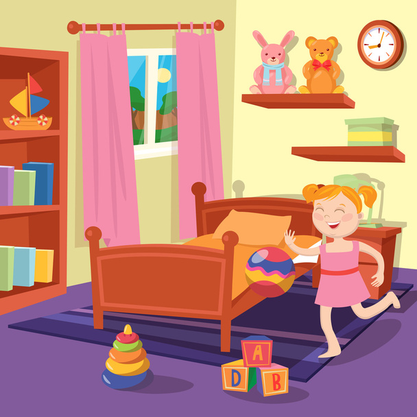 Happy Girl Çocuk Yatak Odasında Top Oynuyor. Oyuncaklı Yatak Odası İç. Vektör çizimi - Vektör, Görsel