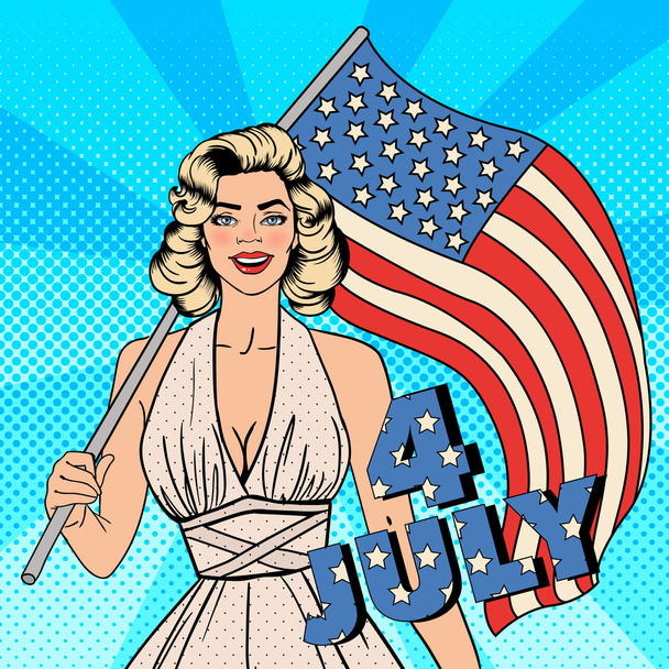 Den americké nezávislosti. Krásná žena s americkou vlajkou. Pop art. Vektorová ilustrace - Vektor, obrázek
