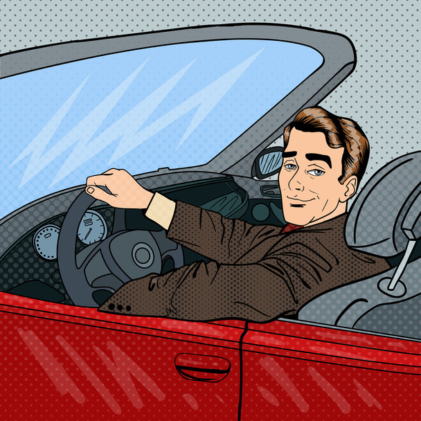 Successful Businessman in Luxury Car. Man Driving a Cabriolet. Pop Art. Vector illustration - Vector, Image