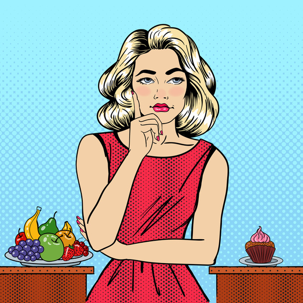 Gyönyörű nő kiválasztása élelmiszer között gyümölcsök és Cupcake. Pop-art. Vektoros illusztráció - Vektor, kép