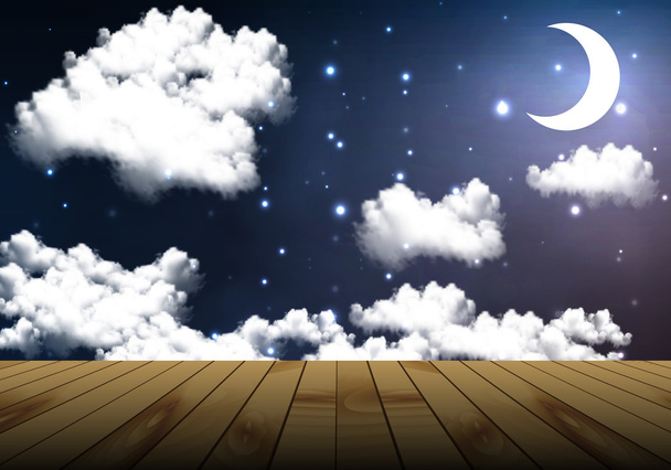 ένα ξύλινο τραπέζι με φόντο τον ουρανό θολό βράδυ - Διάνυσμα, εικόνα