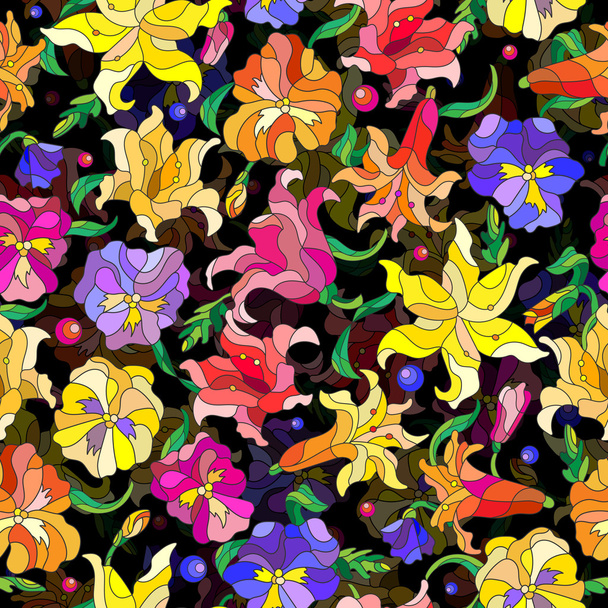 Seamless background with spring flowers in stained glass style, flowers, buds and leaves of pansies and lilies on a dark background - Вектор,изображение