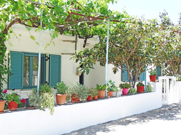 traditional street among bougainvillaea Greece  - Photo, Image
