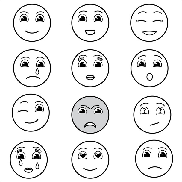Set van Emoticons. Set van Emoji. Glimlach pictogrammen. Geïsoleerde vectorillustratie op witte achtergrond in zwart. - Vector, afbeelding