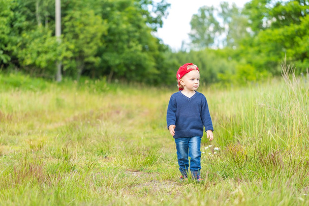 petit caucasien garçon jouer en plein air sur prairie
 - Photo, image